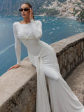 Solid Ruched Long Flare Sleeves Maxi Dress Elegant White Tie Waist High Neck Pleated Draped Backless Party Evening Dress