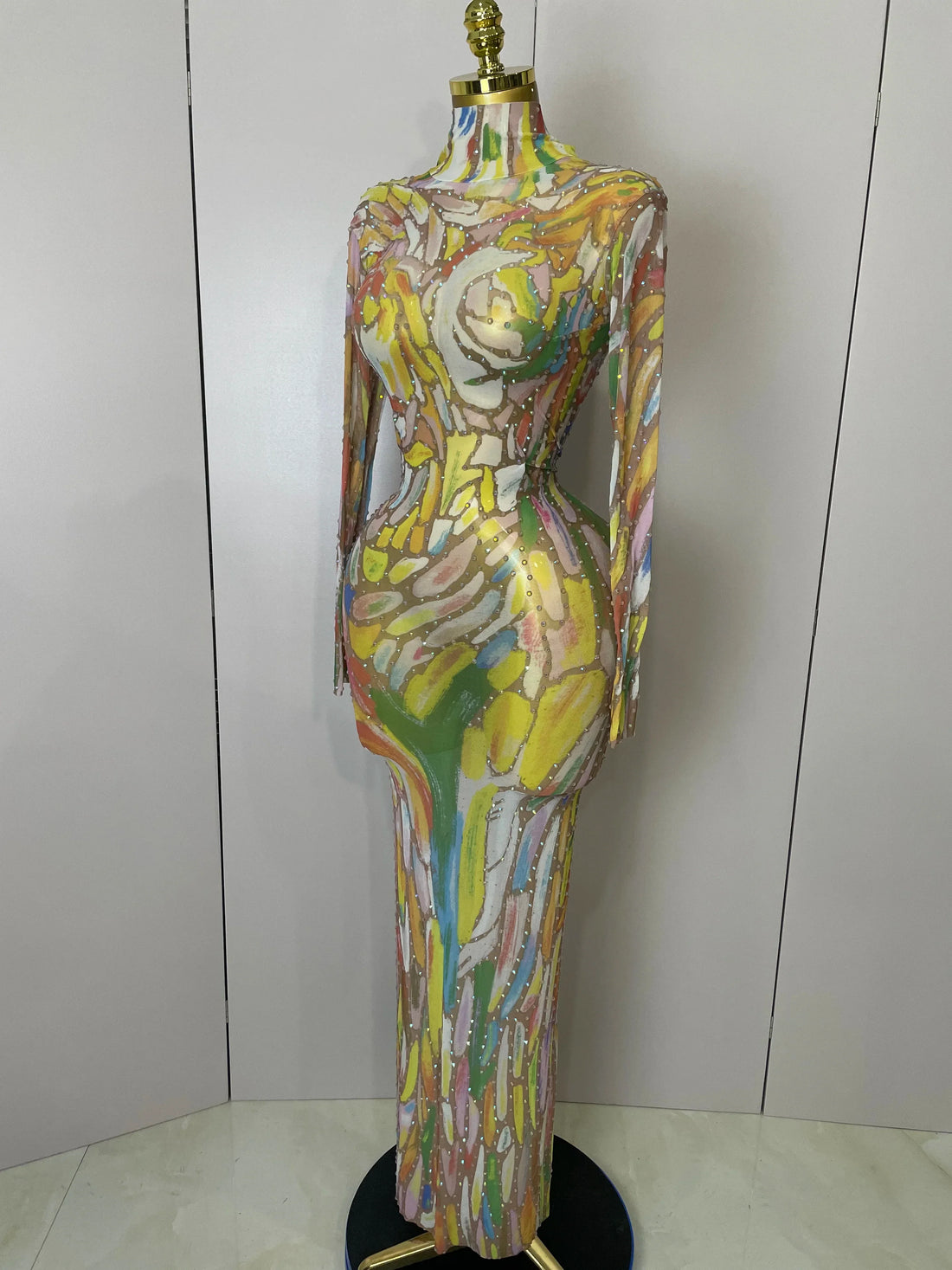 Sparkle Rhinestone High Neck Colorful Printed Long Dress Women Sexy Evening Birthday Celebrate Stage Performance Costume MULTI