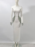 Sexy Women's Heavy Industry Beaded Bandage Dress Bodycon Stand Collar Long Sleeve Midi Dress Cocktail Evening Party Vestido WHITE