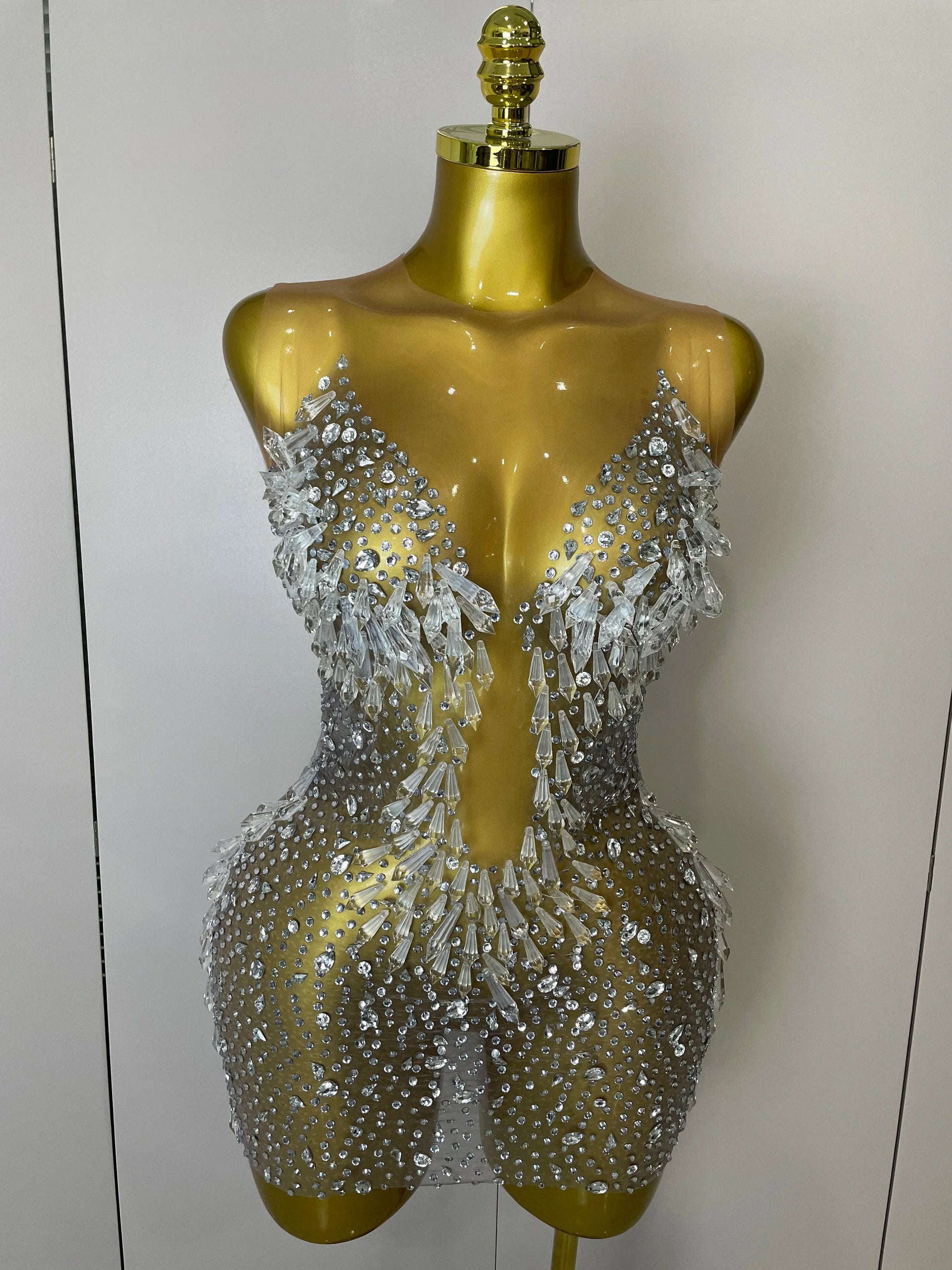 Women Luxury Sexy Mesh Crystal Diamonds Mini Dress Birthday Party Costume Nightclub Stage Performance Singer Outfit Silver