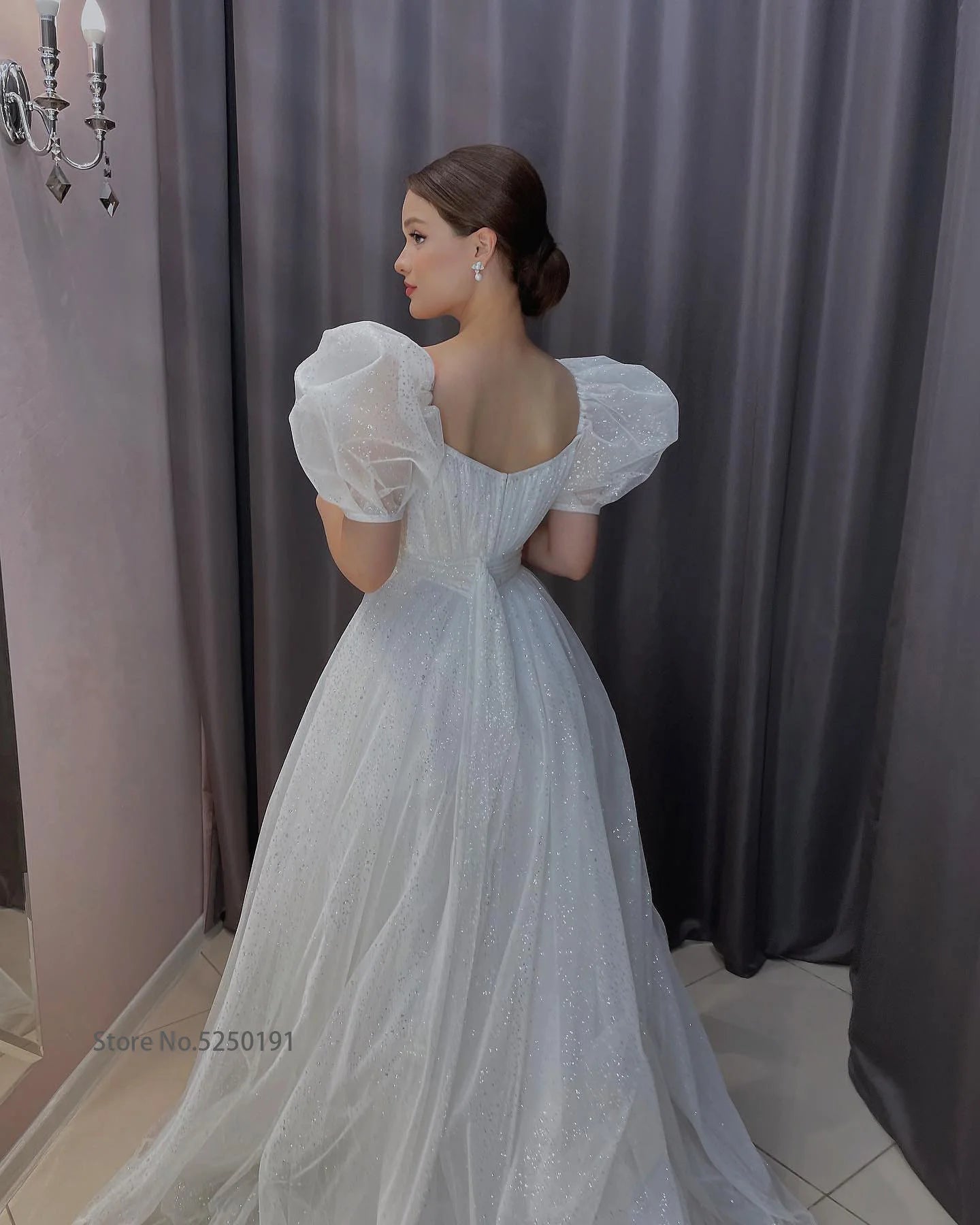 Shiny Glitter Wedding Dresses with Puff Short Sleeve Vintage Bride Dress 2022 Boho Wedding Gowns Princess Robe de Mariee