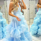 Sky Blue V-neck Prom Dresses Multilayer Tulle A-line فساتين السهرة Elegant Sleeveless Floor-Length vestidos verano moda