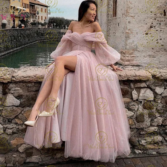 Bling Evening Dresses Dark Pink Off Shoulder Full Puff Sleeves Sweetheart Front Slit Pleats Evening Gowns Party Graduation