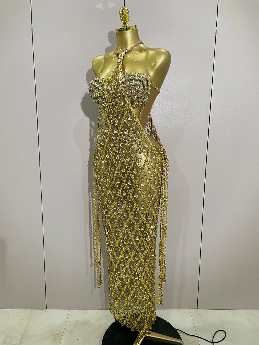 Sexy Sparkly Gold Rhinestones Sleeveless Mesh Two Piece Long Dress Women Birthday Party Celebrate Prom Stage Costume Gold