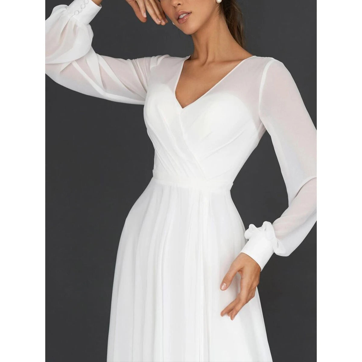 Elegant Sexy V Neck Long Sleeve Chiffon White Bride Dress Wedding Summer Women Evening Guest Formal Long Party Dresses