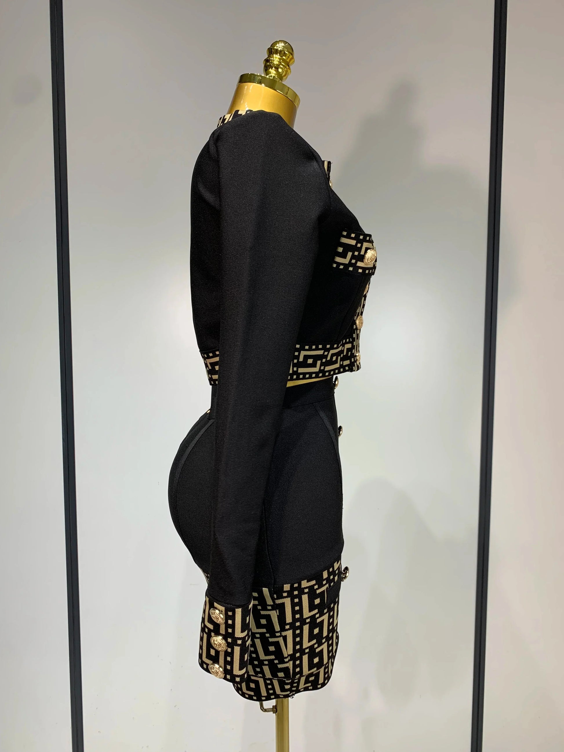 Women Black Long Sleeves Two Pieces Bandage Set Bottons Top Bodycon Mini Skirt Suit Evening Party Luxury Birthday Women's Outfit