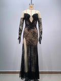 Fashion Gloves Sexy Mesh See Through Black Lace Strapless Midi Calf Dress Birthday Party Evening Dress Celebrity Party Dress