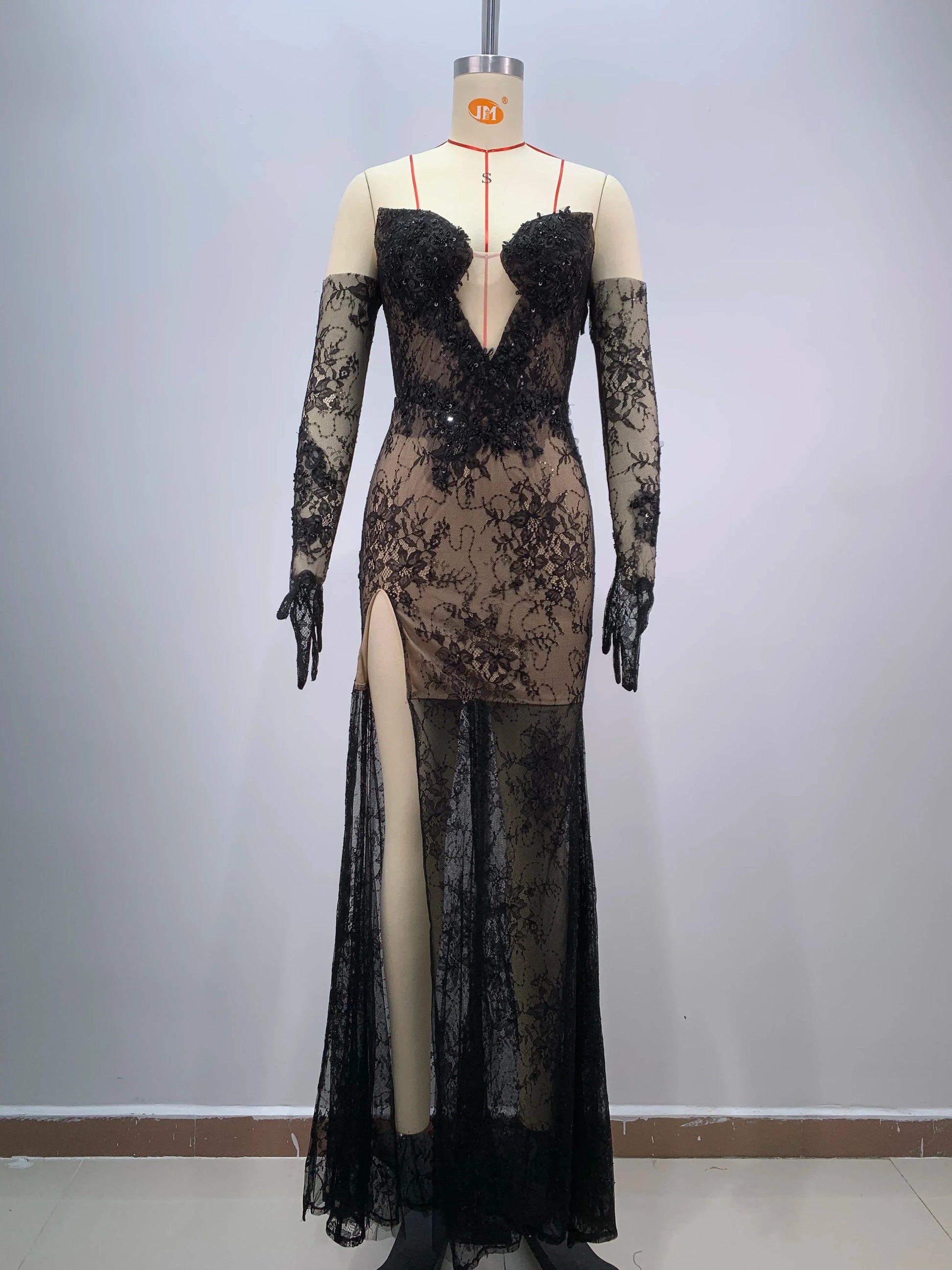 Fashion Gloves Sexy Mesh See Through Black Lace Strapless Midi Calf Dress Birthday Party Evening Dress Celebrity Party Dress