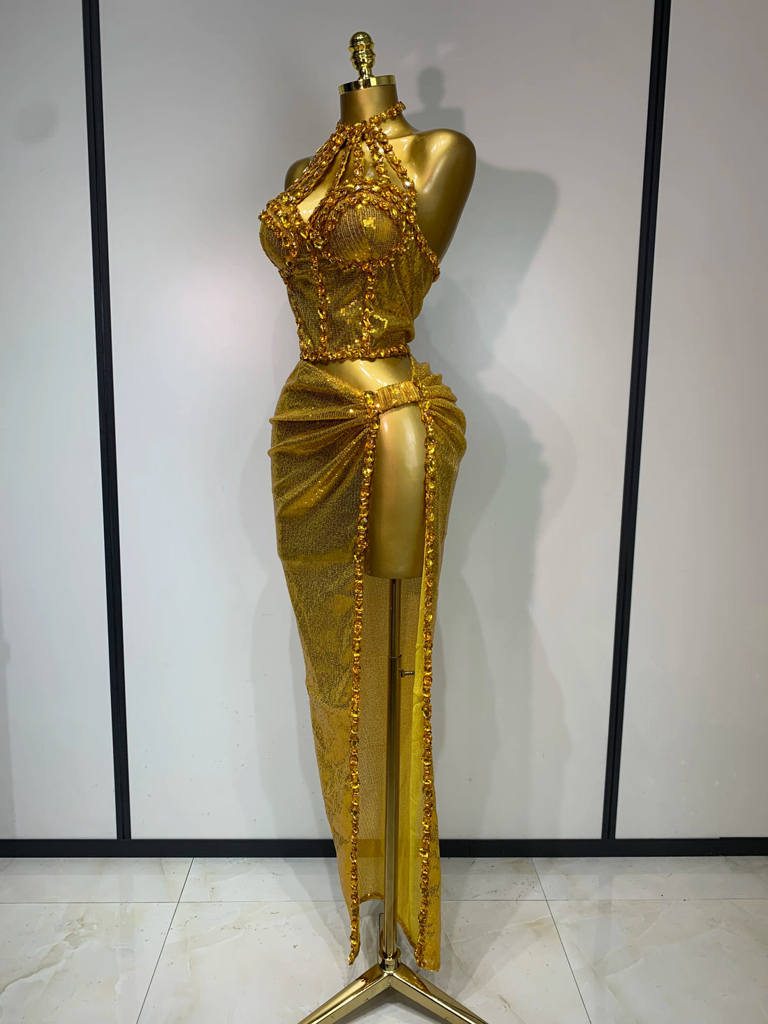 Women Sparkly Gold Rhinestones Top Long Skirt Two Pieces Set Singer Dancer Performance Costume Nightclub Luxury Birthday Dress Gold