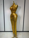 Women Sparkly Gold Rhinestones Top Long Skirt Two Pieces Set Singer Dancer Performance Costume Nightclub Luxury Birthday Dress