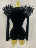 Shiny Black Rhinestone Velvet Long Sleeve Bodysuit Women Evening Party Club Gala Hosts NightClub Bar Stage Costumes