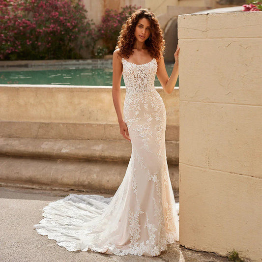 Sexy Lace Mermaid Wedding Dress Customized Spaghetti Straps Illusion Applique Backless Court Train Robe De Mariee Bridal Gown