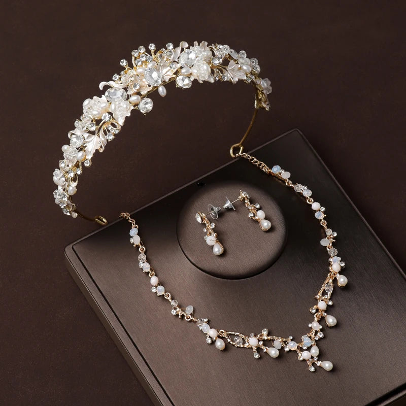 Luxury Silver Color Crystal Water Drop Bridal Jewelry Sets Rhinestone Tiaras Crown Necklace Earrings Wedding Dubai Jewelry Set TS-0106-A-XL-0015-A Tiaras