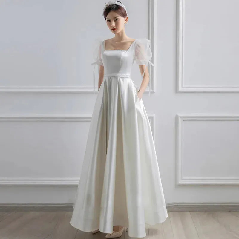 White Satin Wedding Dresses for Bride Formal Elegant Puff Sleeve Evening Guest Long Party Summer Dress Women Formal vestidos Midi length 12