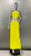 Lemon Yellow Sexy Hollow Out Sparkling Diamonds Ankle Length Bandage Dress Elegant Woman Evening Party Outfit Yellow