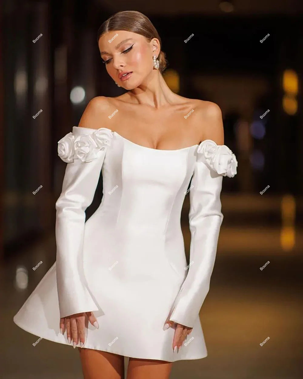 A-Line Short Wedding Party Dresses Off Shoulder 3D Flowers Brides Dresses Long Sleeves Cocktail Dress for Women Prom Gowns