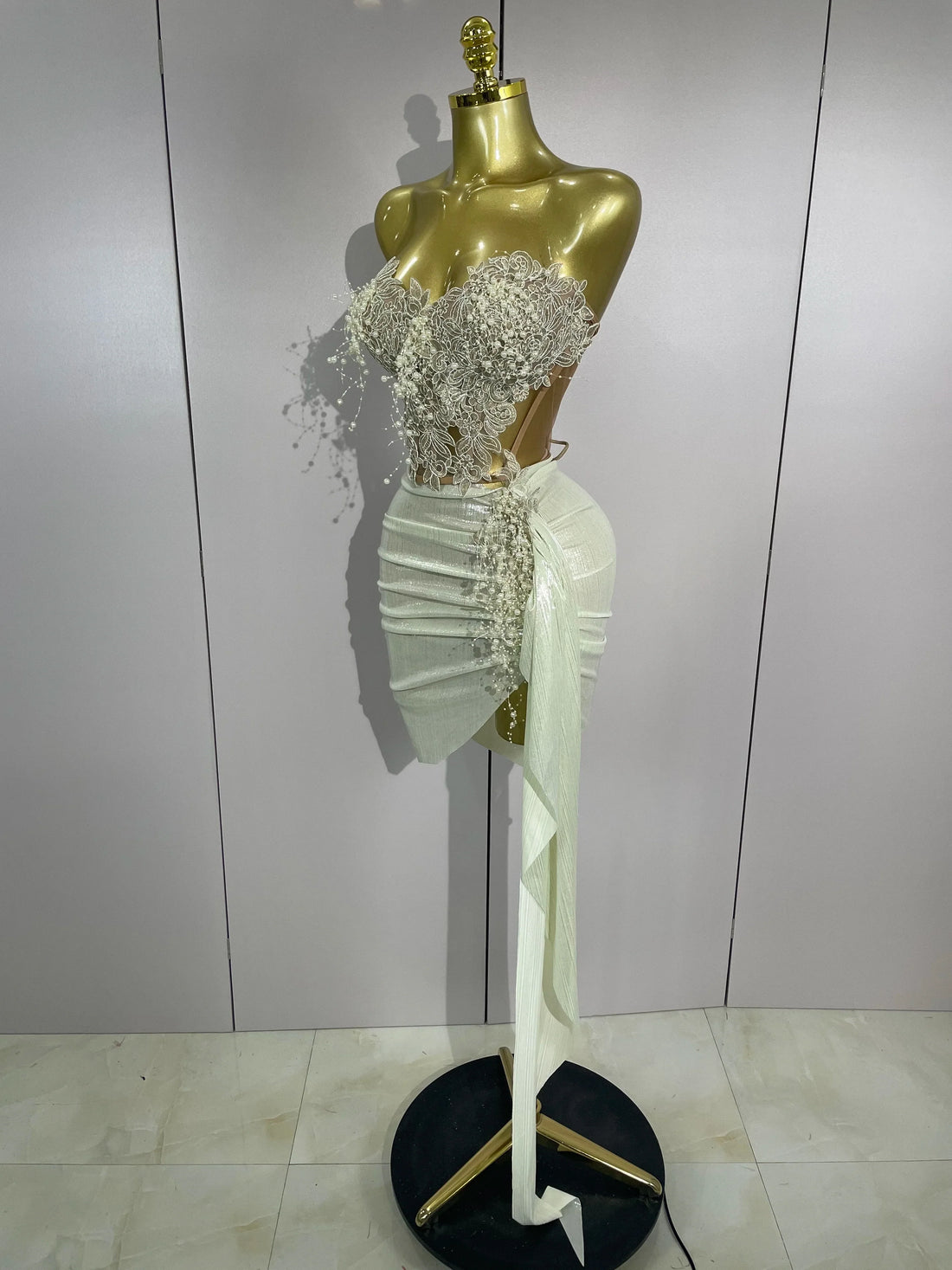 Luxury Shining Pearls Sexy Asymmetrical Skirt 2 PCS Set Women Evening Birthday Party Stage Dancer Performance Costume Beige