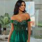 Sexy fuera del hombro Vestidos De graduación elegante verde Fas Kaftan kadın lentejuelas bordado Maxi Vestidos De Noche vestido De graduación De tul