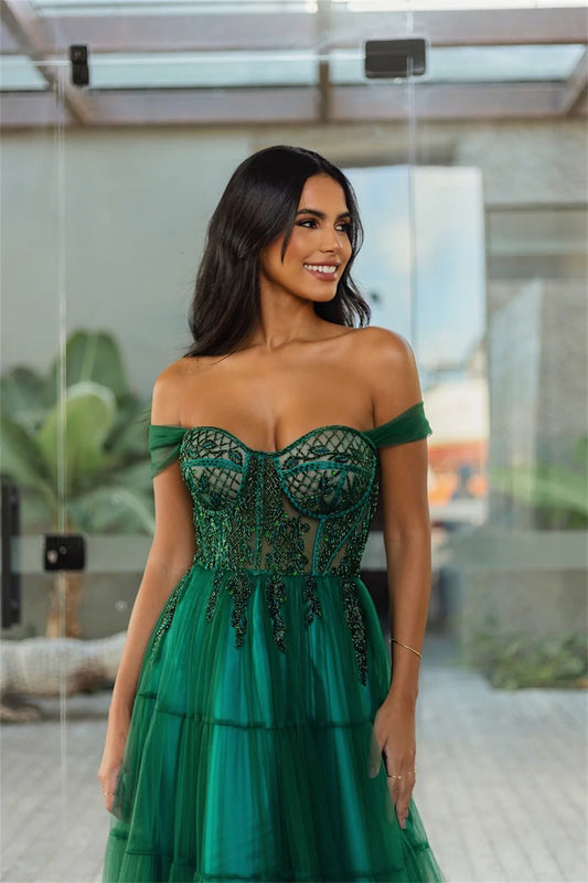 Sexy Off Shoulder Prom Dresses Elegant Green Fas Kaftan kadın Sequins Embroid Maxi Vestidos De Noche Tulle Prom Gown