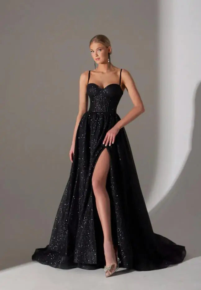 Gold Black Evening Dresses Glitter Tulle Sparkly Bling Long Sweep Train Sweetheart Spaghetti Strap A Line Formal Party Prom Gown