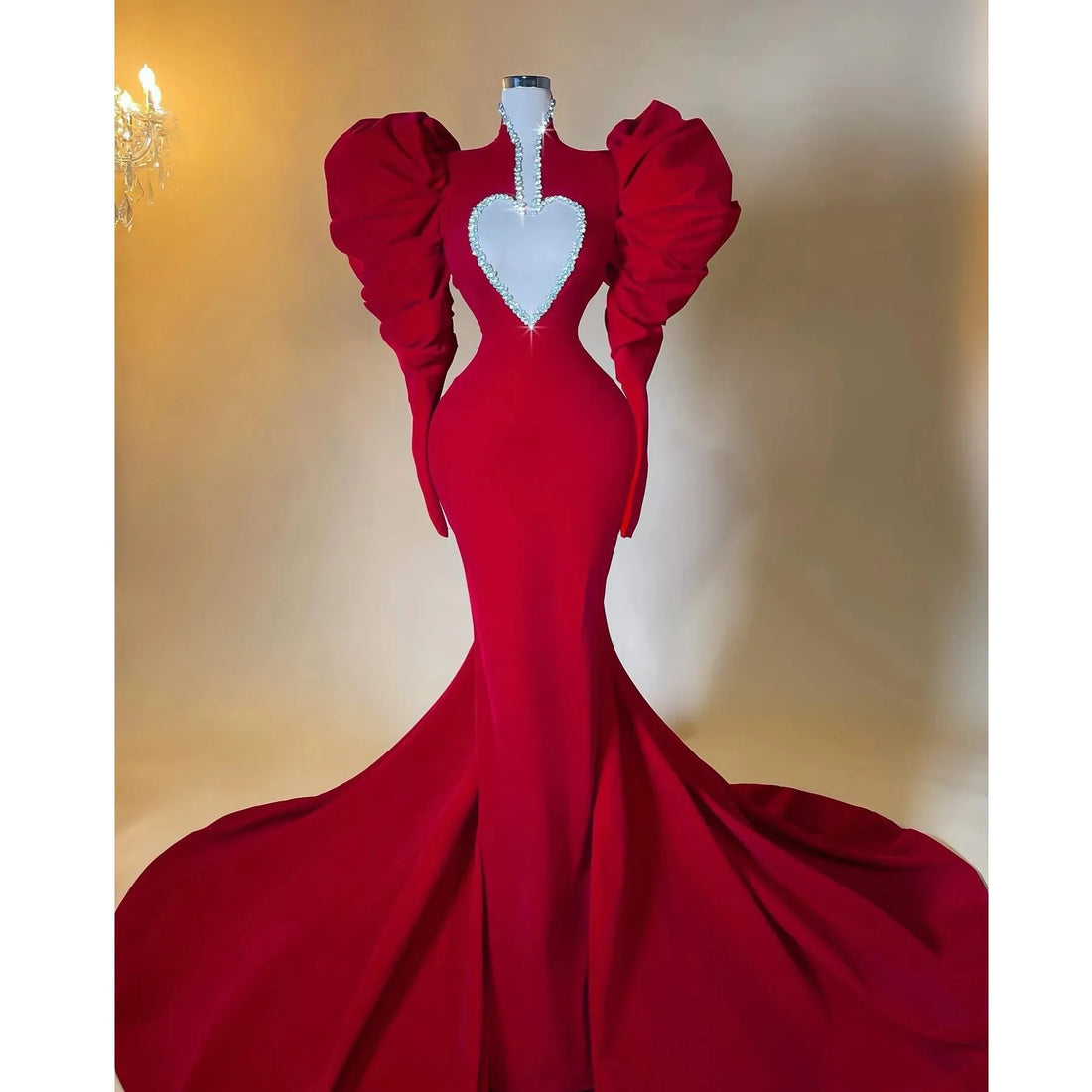 Sweet Red Mermaid Formal Party Dresses Ruffled Puff Sleeves Stretch Satin Prom Dress Rhinestones Cut-out Wedding Bridal Dress Red