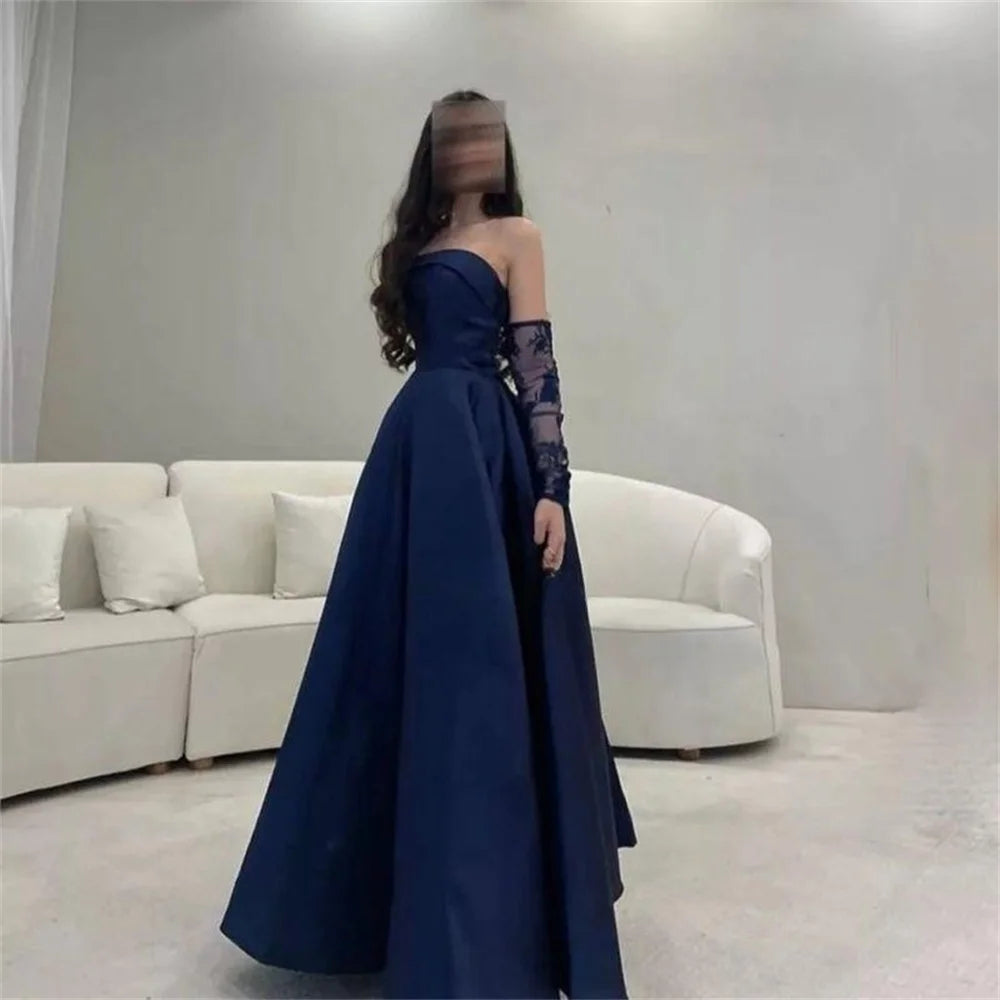 Dark Blue Vestidos De Noche With Removable Sleeve Satin Strapless Floor Lenght Prom Dress  فساتين السهرة