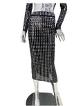 Sparkling square Diamonds Sexy Mesh See Through Top And Skirt Woman Fashion Set High Street Wear Evening Party Outfit Black Skirt