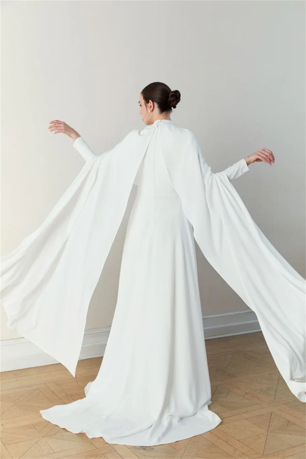 Muslim White Prom Dresses Chiffon A-line فساتين السهرة Graceful Undetachable Shawl High Crew Neck vestidos de fiesta