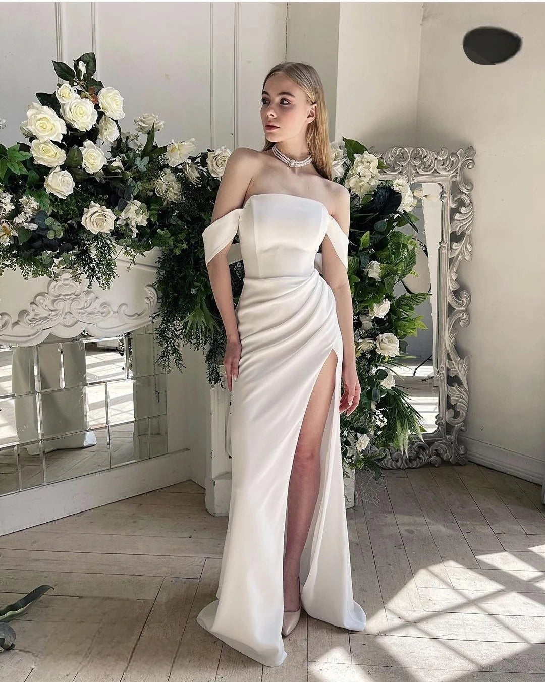 Stunning Mermaid Wedding Dress Stin Floor Length Side Slit Off The Shoulder Bridal Gown Customize To Measures Pleat Robe De Mari