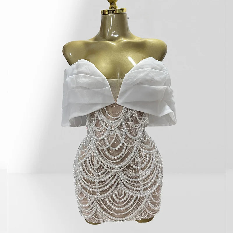 Luxury Pearl Beading White Sequins Sexy Off The Shoulder White Mini Dress Woman Wedding Party Vestido Birthday Party Outfit