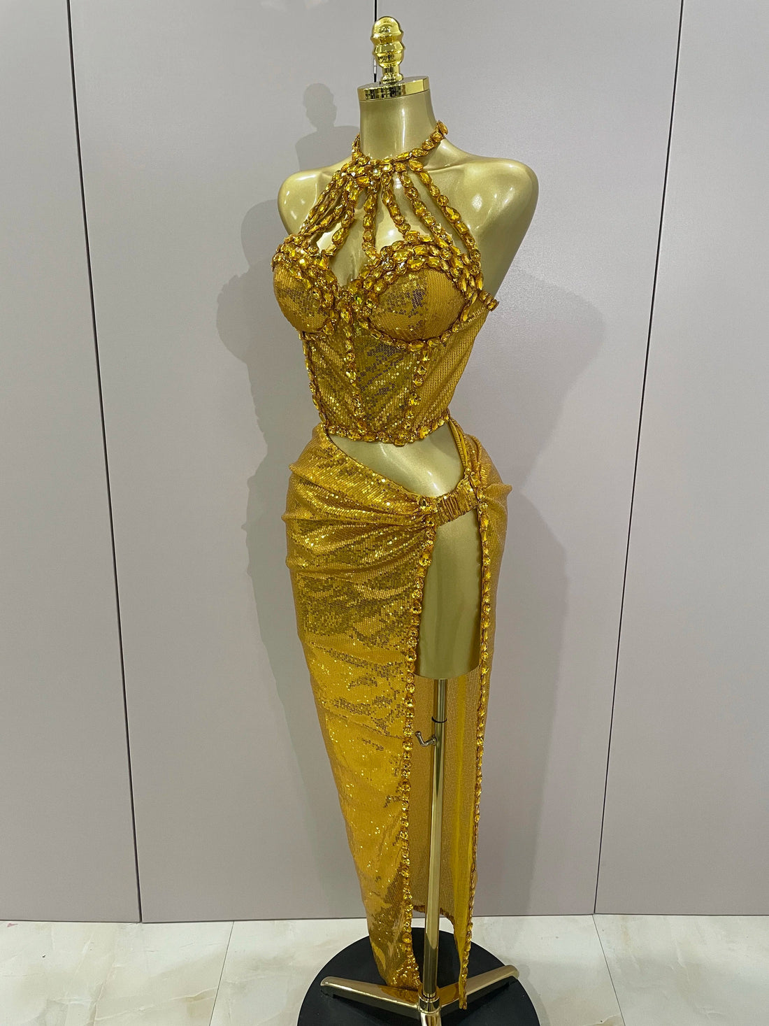 Sexy Luxury Shiny Diamond Sequins Cocktail Dress 2Pcs Set Women Evening Celebrate Birthday Party Nightclub Stage costume Gold