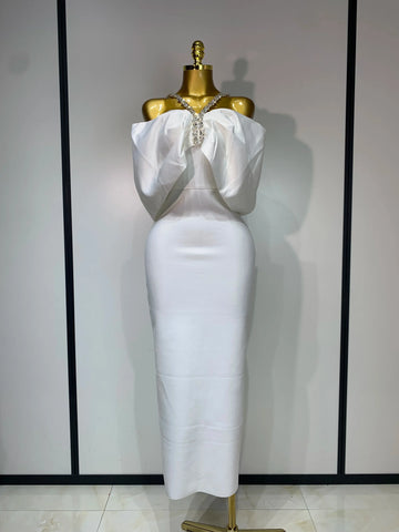 Luxury Rhinestone Chain Off Shoulder Vintage Butterfly Chic Bodycon Dress High Street Elegant Evening Party Birtyday Clothing WHITE