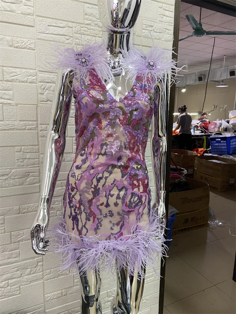 Gorgeous Feathers Shining Diamonds Violet Sequins Sleeveless Mini Dress Graceful Woman Evening Party Outfit