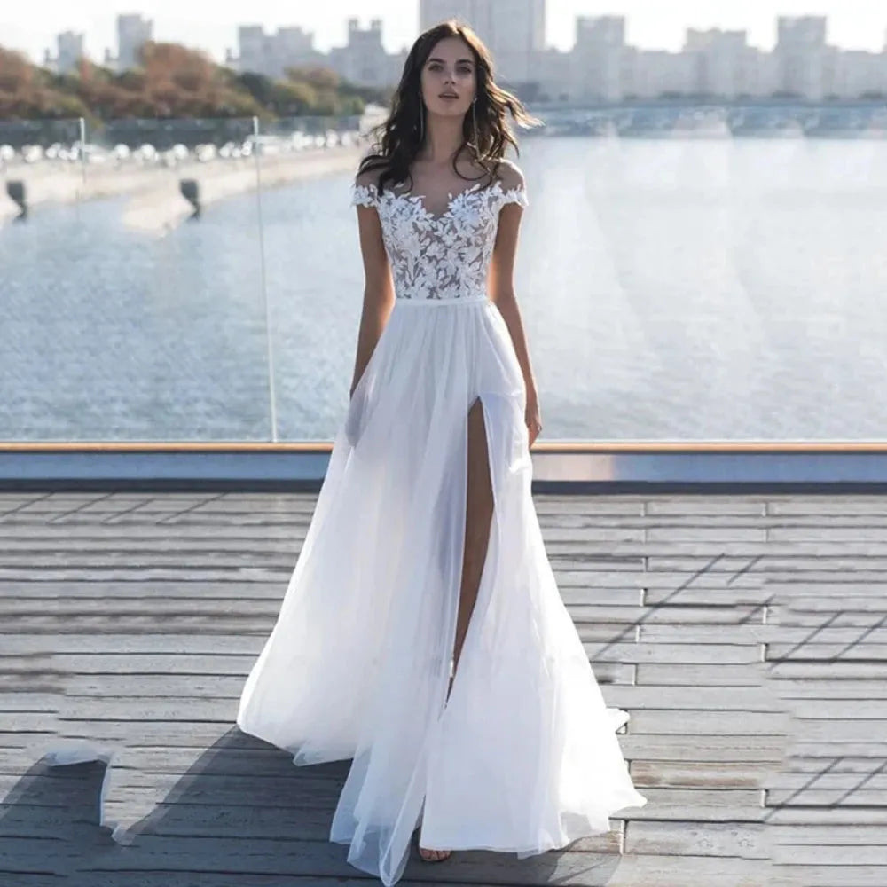 Luxury Wedding Dresses Off Shoulder Sweetheart A Line Side Slit Bridal Gowns Simple Lace Appliques Chiffon Robe De Mariee W10355 14w