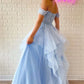 Light BlueTulle Prom Dresses Off the Shoulder Lace فساتين السهرة Elegant Sleeveless A-line Edge Curl vestidos verano moda