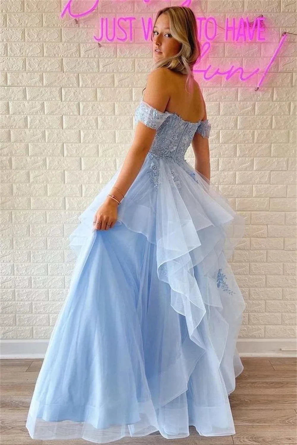 Light BlueTulle Prom Dresses Off the Shoulder Lace فساتين السهرة Elegant Sleeveless A-line Edge Curl vestidos verano moda