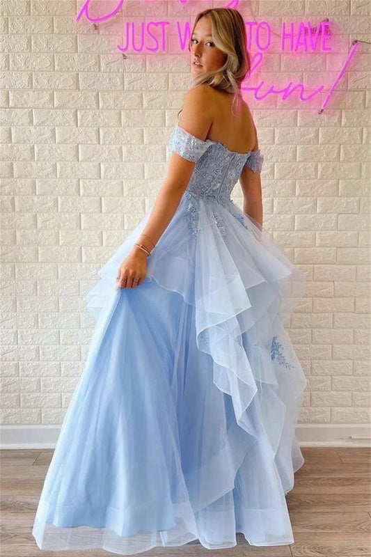 Light BlueTulle Prom Dresses Off the Shoulder Lace فساتين السهرة Elegant Sleeveless A-line Edge Curl vestidos verano moda