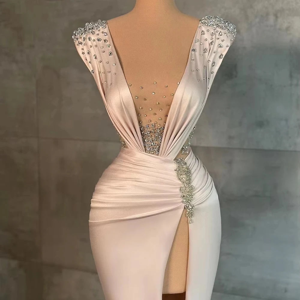 Sexy Women Elegant Baby Pink Pile Evening Dress Luxury Pearls Beading Formal Party Night Dresses