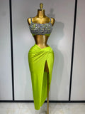 Women Sexy Two Pieces Set Stretched Crystal Diamonds Nightclub Singer Dancer Stage Performance Costume Evening Party Skirt Suits Fluorescent Green