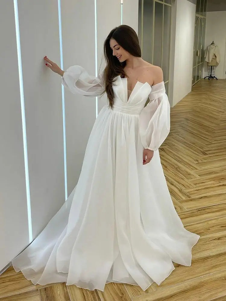 Strapless Ruched Neck Organza Wedding Dresses With Removeable Sleeves A-line Bridal Dress Floor Length Bridal Gown 20