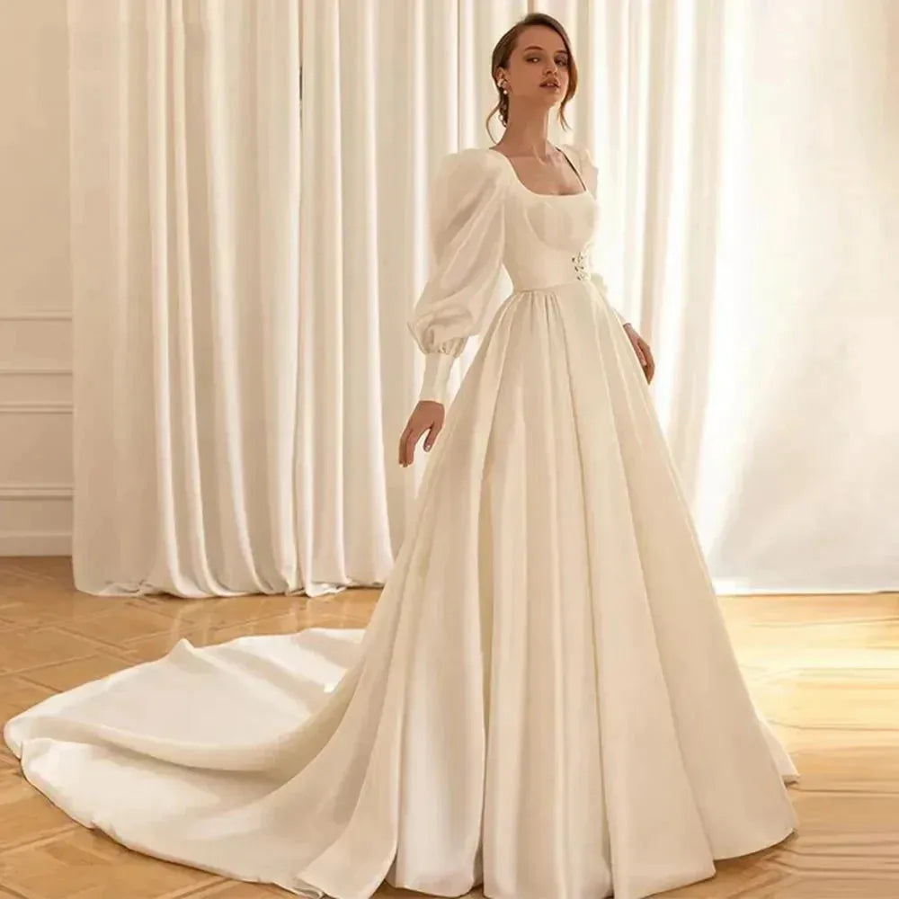 Graceful Satin Wedding Dresses With Detachable Coat Square Collar Bridal Gowns Long Puff Sleeves Vestidos De Novia 14w Satin