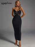 Spring Women's Water Diamond Chain Strap Sleeveless Bandage Dress Patchwork Bodycon Long Dress Evening Club Party Vestidos