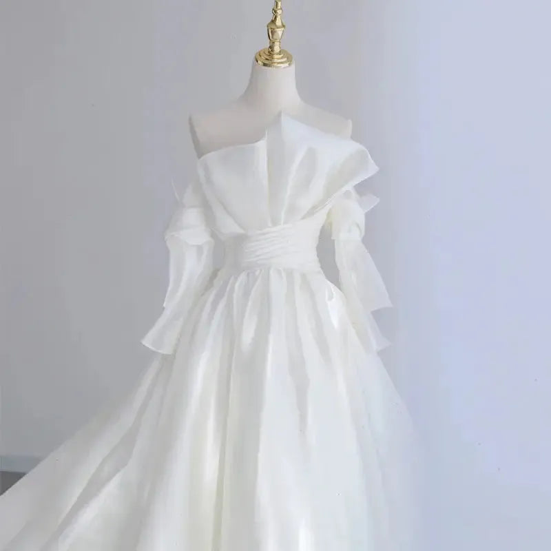 French Luxury White Satin Trailing Wedding Dresses for Bride Elegant Sexy Strapless Long Prom Party Dress Women vestidos White