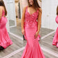Hot Pink Appliques Prom Dresses V-neck Satin Mermaid فساتين السهرة Elegant Sleeveless Floor-Length vestidos verano moda