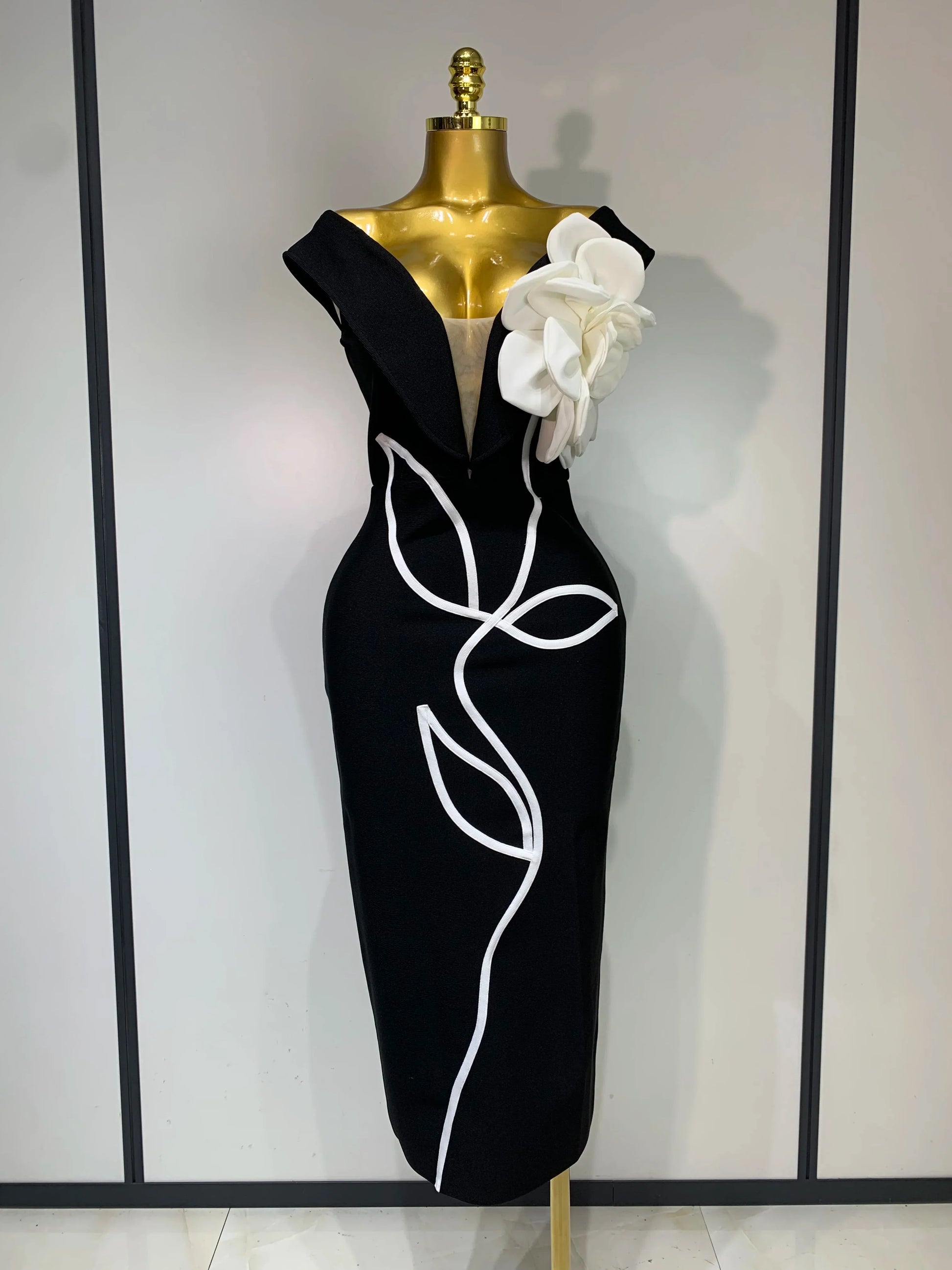 Women Sexy Off Shoulder Backless Bandage Dress Celebrity Elegant Flowers Evening Party Luxury Bithday Outfit Fashion Show Gowns black