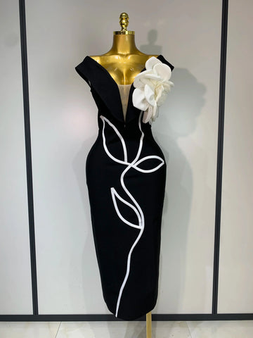 Women Sexy Off Shoulder Backless Bandage Dress Celebrity Elegant Flowers Evening Party Luxury Bithday Outfit Fashion Show Gowns black
