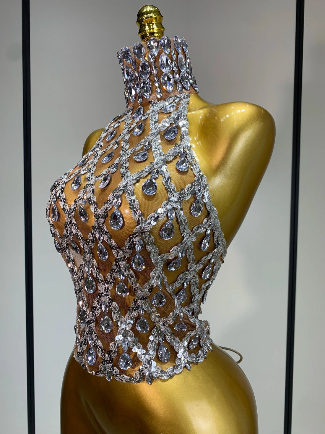 Sparkly Slver Rhinestone Sequins Mesh See Through Top Women Sexy Nightclub Evening Party Backless Spicy Girl Stage Outfit Silver