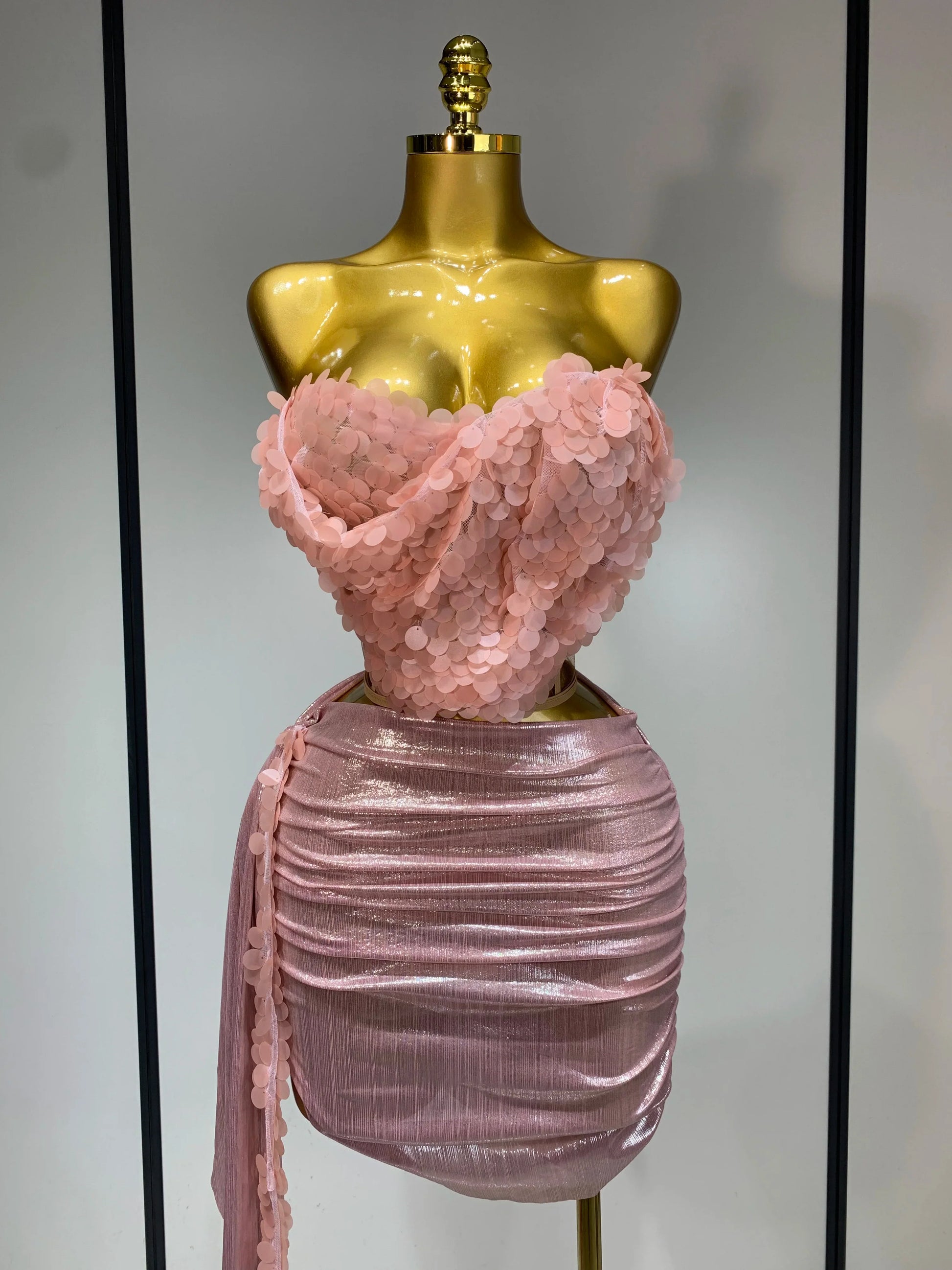 Women Sexy Strapless Sequin Glitter Two Pieces Set Celebirty Elegant Luxury Birthday Evening Party Nightclub Singer Stage Outfit Pink