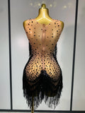 Rhinestones Tassels Mini Dress Suit Luxury Women Sexy See Through Mesh Party Club Dresses Performance Stage Outfit