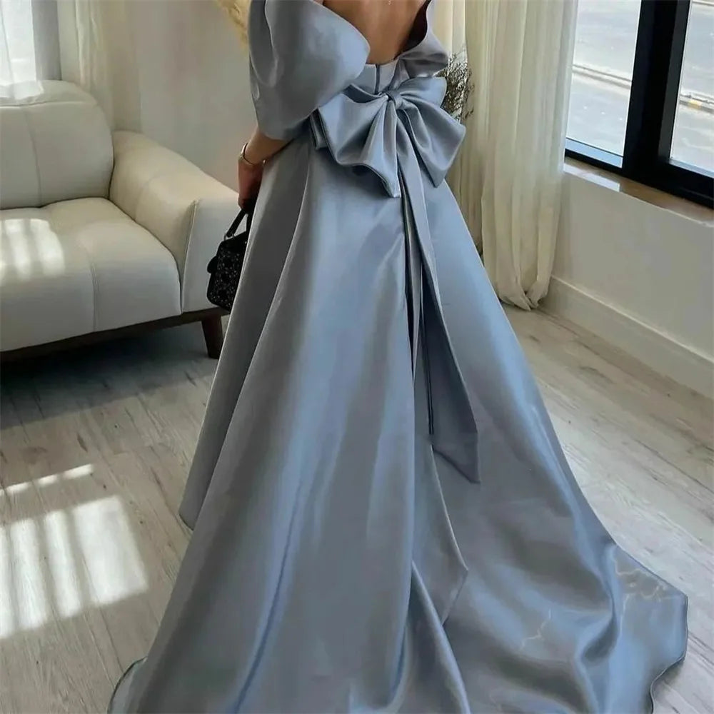 Grace Off Shoulder Prom Dress Elegant Bow On Back Evening Dress A-line فستان سهرة Gentle Baby Blue Satin Party Dresses